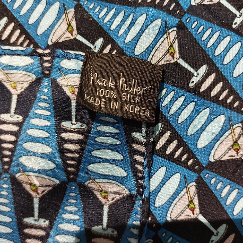 Vintage Nicole Miller Silk Blue and Black Martini Glass Patterned Scarf EUC - Picture 2 of 8